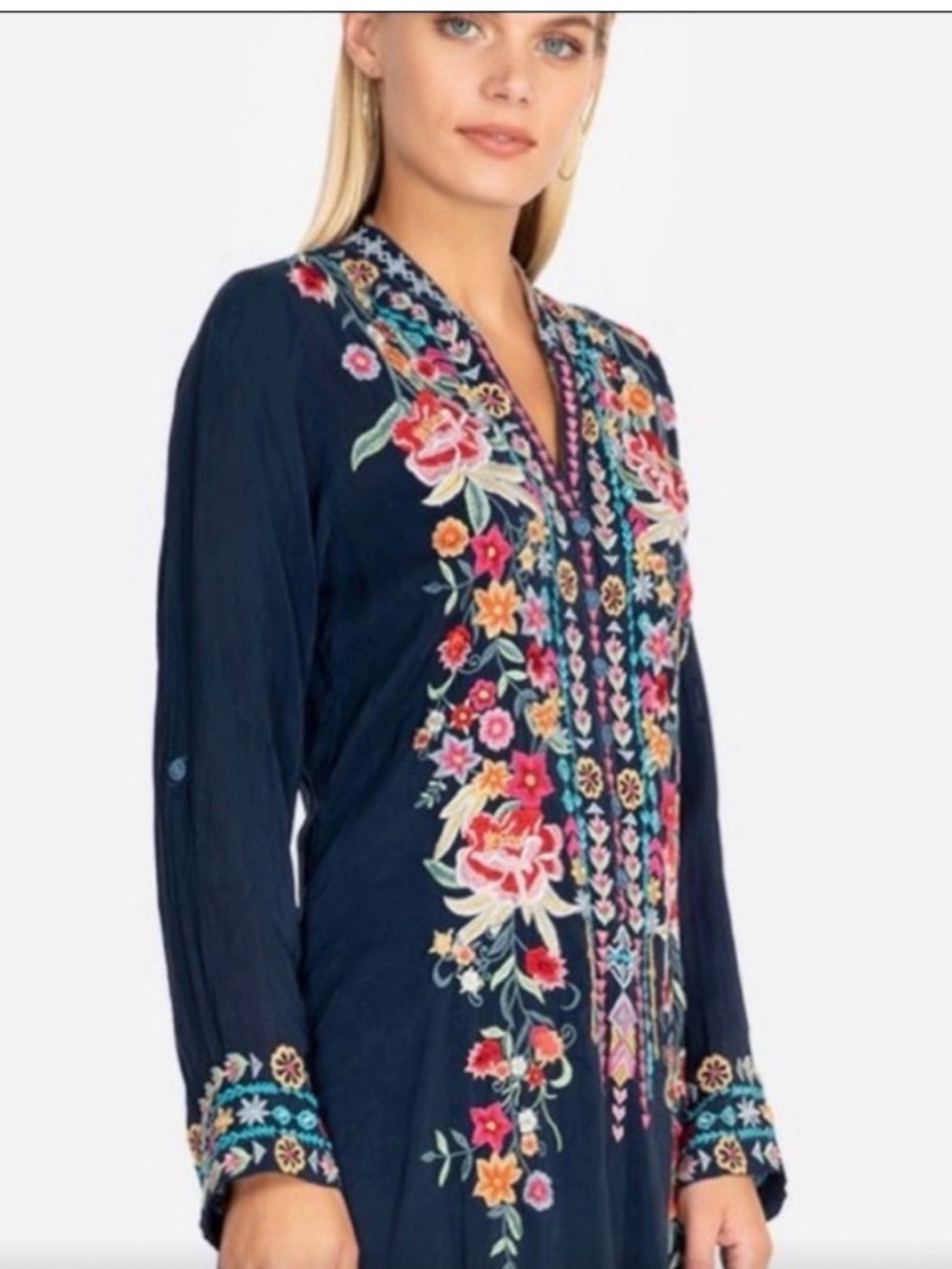 Johnny Was Annette Floral Embroidered Tunic Blue Size XS - Picture 2 of 9